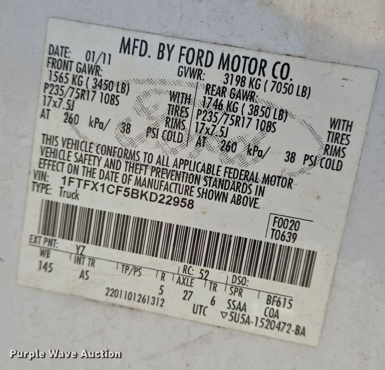 image for item DV1371 2011 Ford F150 XL SuperCab pickup truck