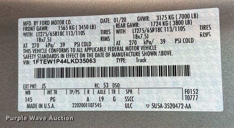 image for item DV1891 2020 Ford F150 Crew Cab pickup truck