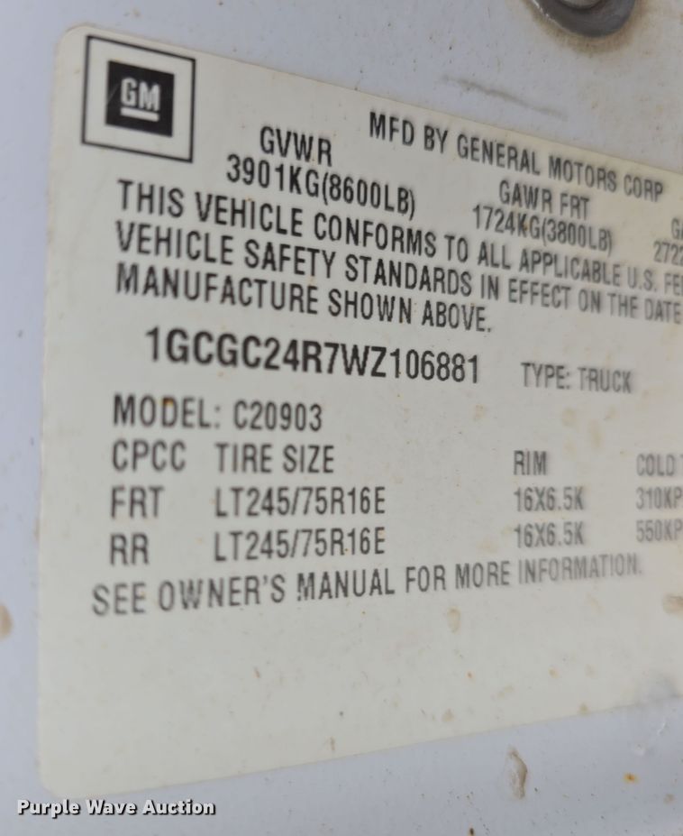 image for item DW3235 1998 Chevrolet C2500 flatbed pickup truck