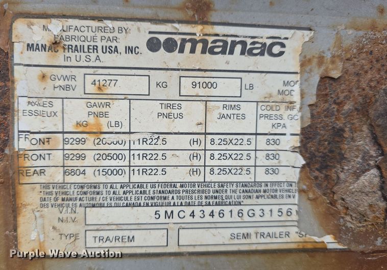 image for item DW3241 2016 Manac CPS bottom dump trailer