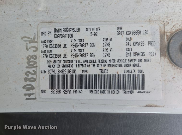 image for item DW8666 2002 Dodge Ram 1500 Quad Cab pickup truck