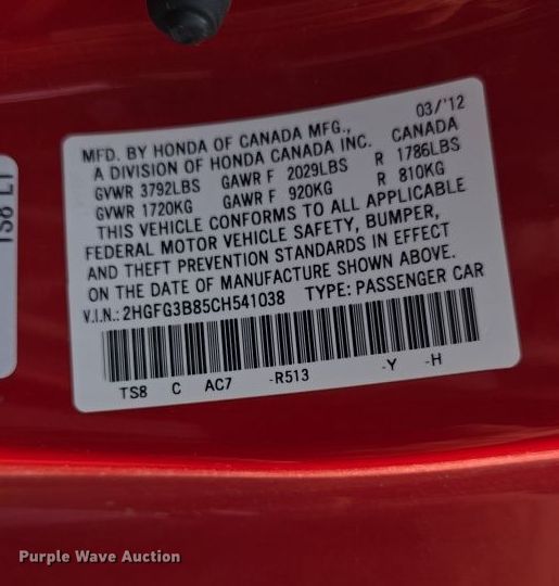 image for item DW8673 2012 Honda Civic 