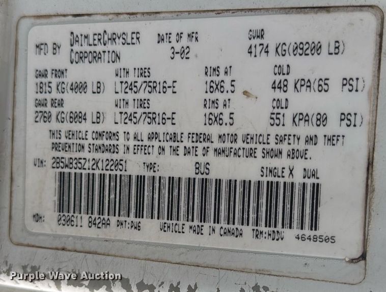 image for item EC3505 2002 Dodge Ram Wagon 3500 van