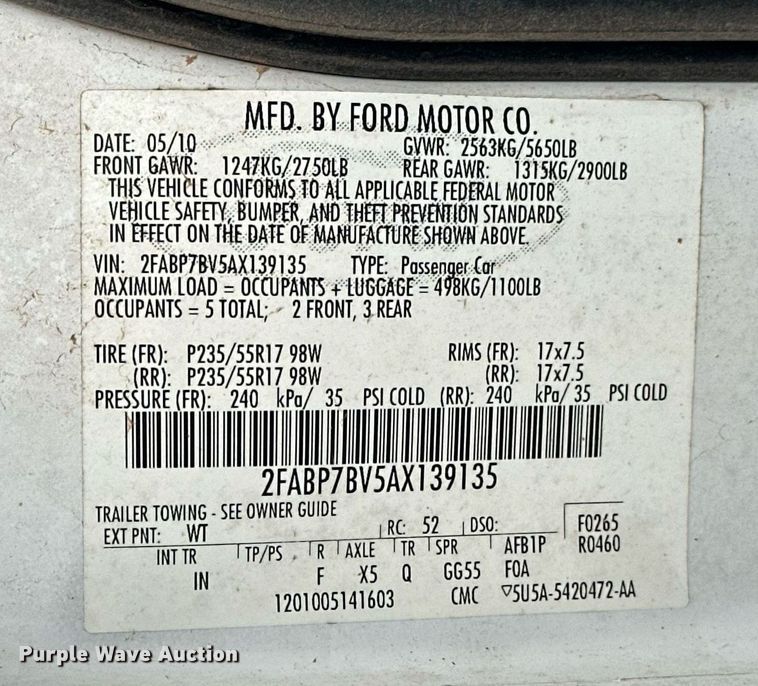 image for item EJ8535 2010 Ford Crown Victoria Police Interceptor 