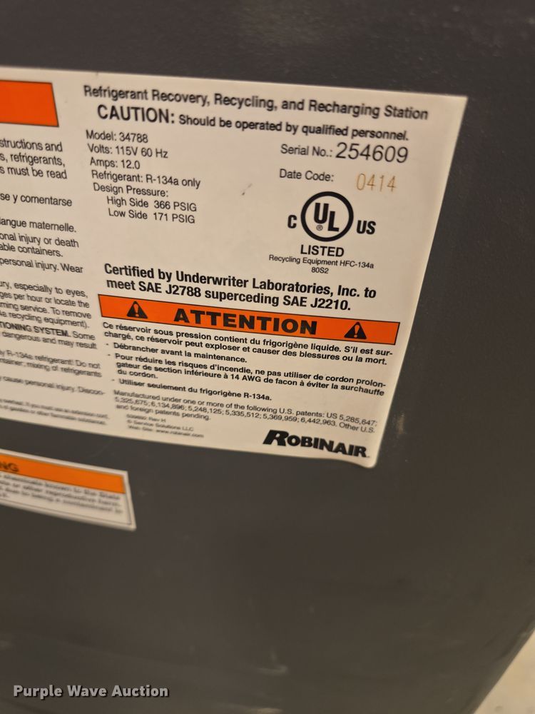 image for item EK5134 (2) Robinair Cooltech 34788 refrigerant recovery recycling machine