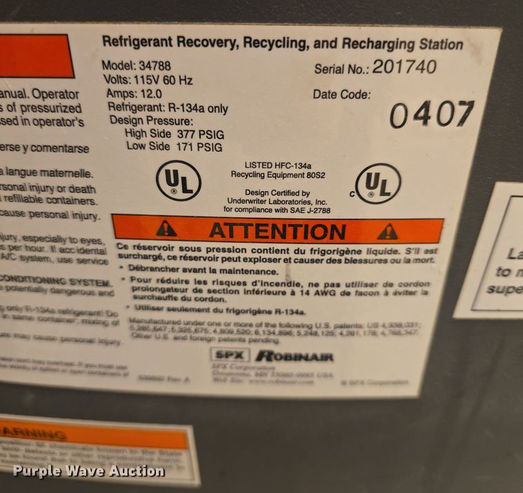 image for item EK5134 (2) Robinair Cooltech 34788 refrigerant recovery recycling machine