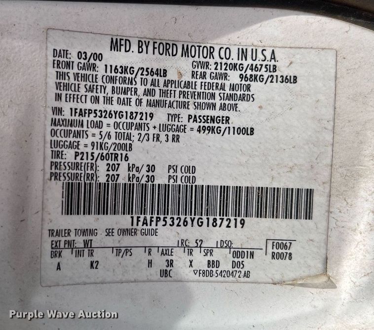 image for item EL5512 2000 Ford Taurus 