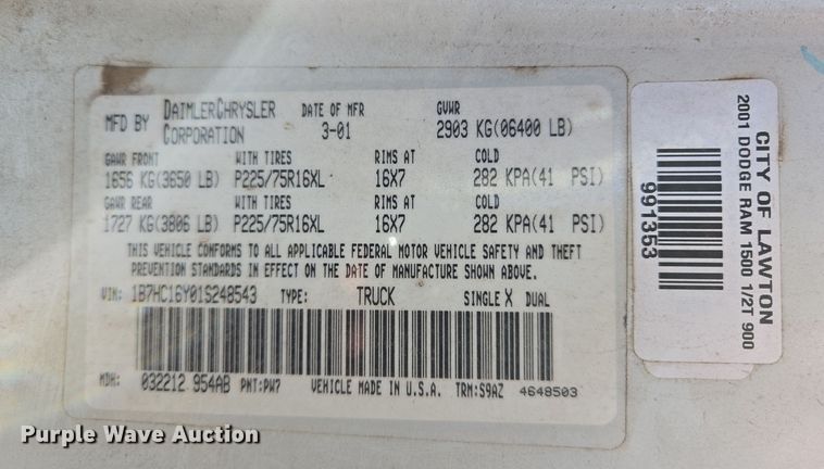 image for item EL5533 2001 Dodge Ram 1500 pickup truck