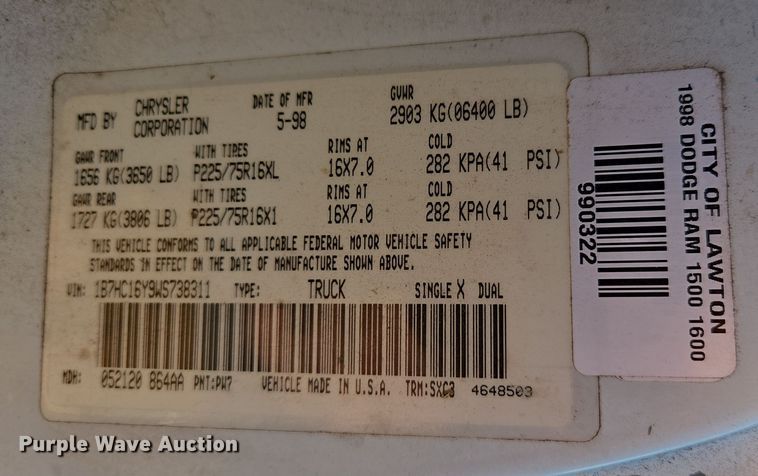 image for item EL5537 1998 Dodge Ram 1500 pickup truck