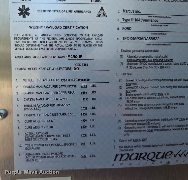 image for item EN8888 2006 Ford E450 Super Duty ambulance