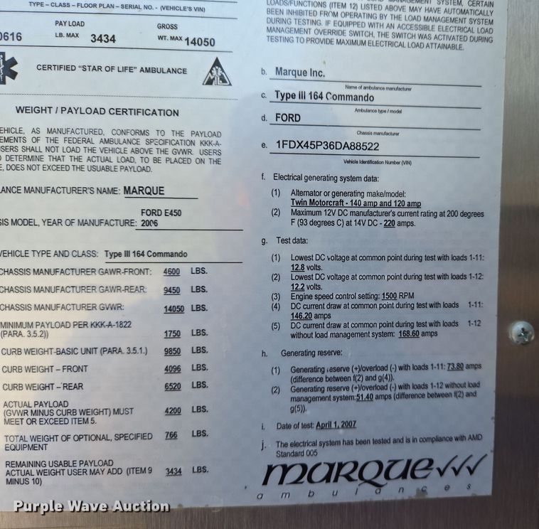 image for item EN8888 2006 Ford E450 Super Duty ambulance