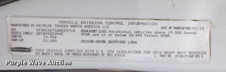 image for item EO9978 2016 Freightliner Business Class M2 street sweeper truck