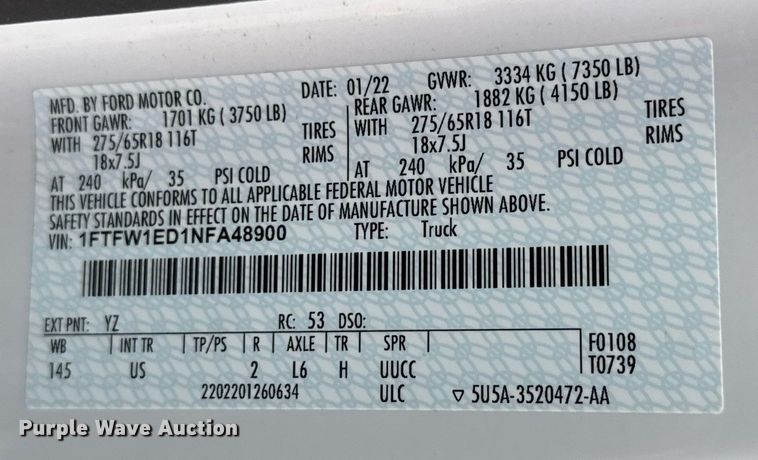 image for item EQ1255 2022 Ford F150 SuperCrew pickup truck