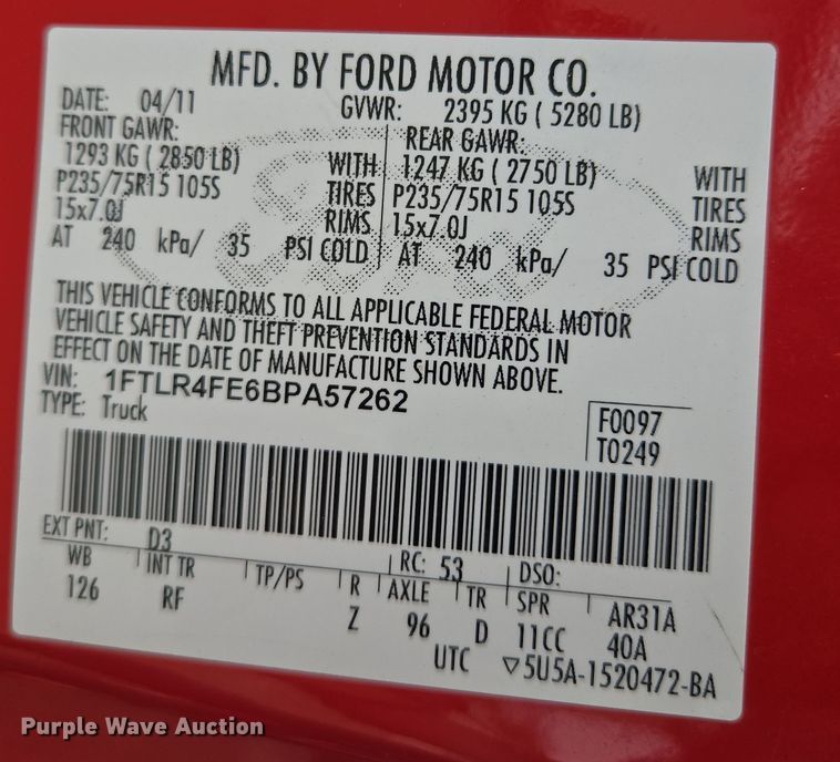 image for item EQ6898 2011 Ford  Ranger  SuperCab pickup truck