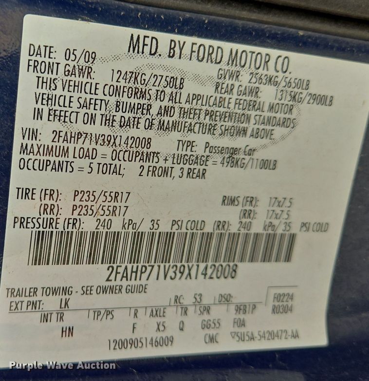 image for item EQ6974 2009 Ford Crown Victoria Police Interceptor 