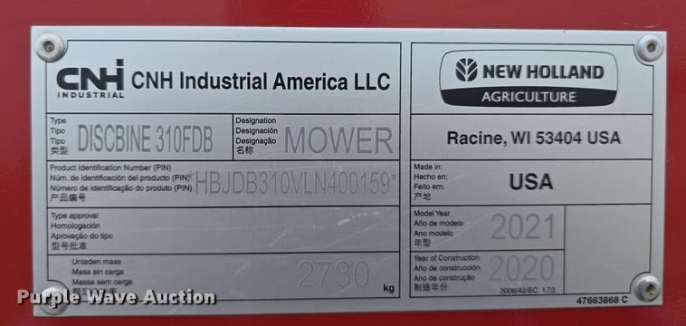 image for item DT6774 2021 New Holland Discbine 310FDB swather / windrower