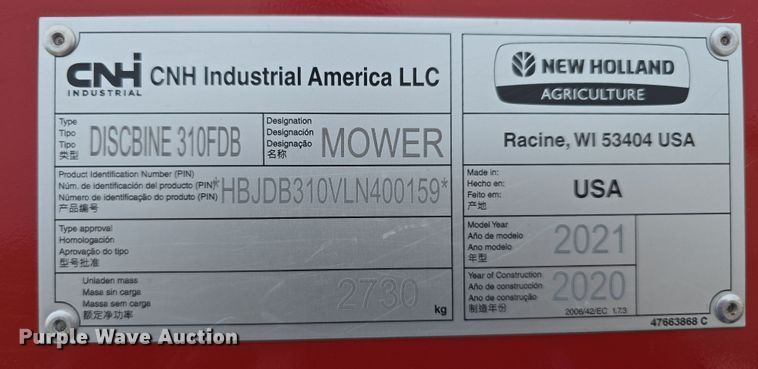 image for item DT6774 2021 New Holland Discbine 310FDB swather / windrower