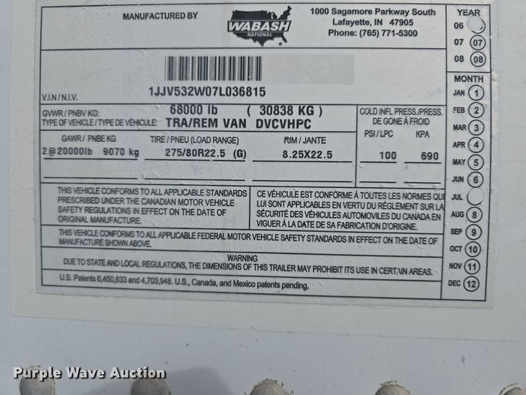 image for item DW3191 2007 Wabash National TRA/REM Van DVCVHPC dry van trailer