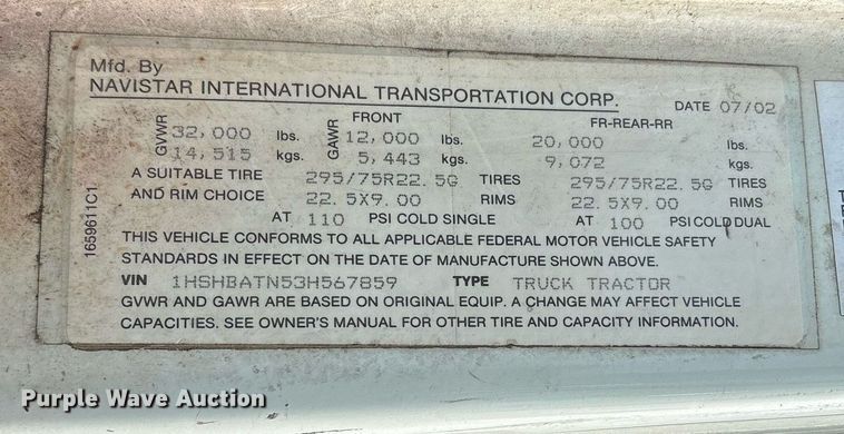 image for item OB9604 2003 International 8100 semi truck