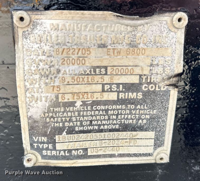 image for item DH9856 2005 Butler Trailer MFG Co Inc B-2024-FD equipment trailer