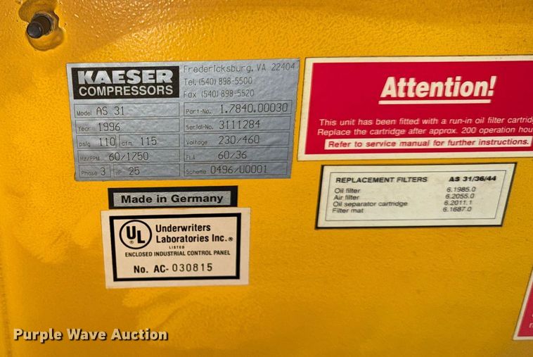 image for item DH9915 1996 Kaeser AS31 air compressor