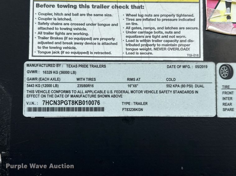 image for item DM5694 2019 Texas Pride Trailers FT83236KGN equipment trailer
