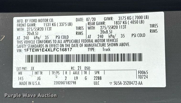 image for item DM5710 2020 Ford F150 SuperCrew pickup truck