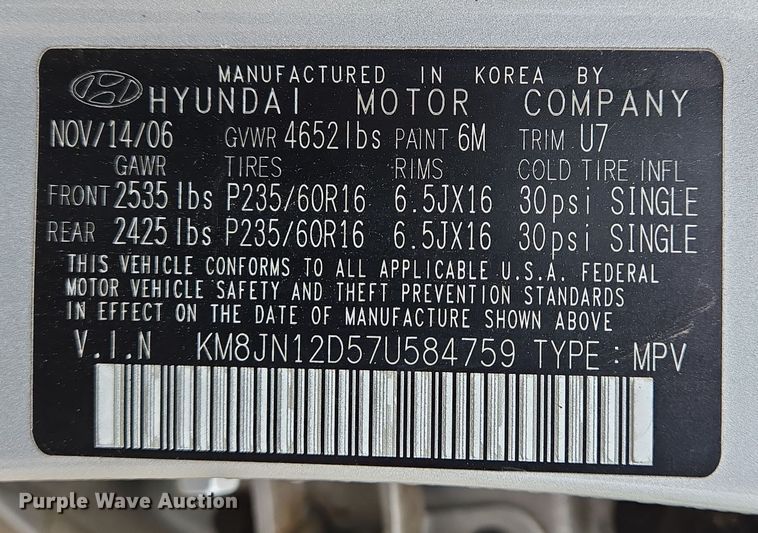 image for item DS5371 2007 Hyundai Tucson SUV