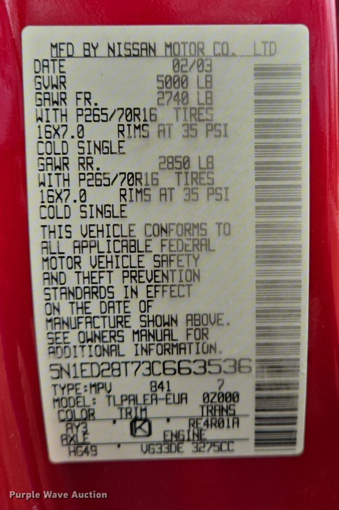 image for item DS5372 2003 Nissan XTerra SUV