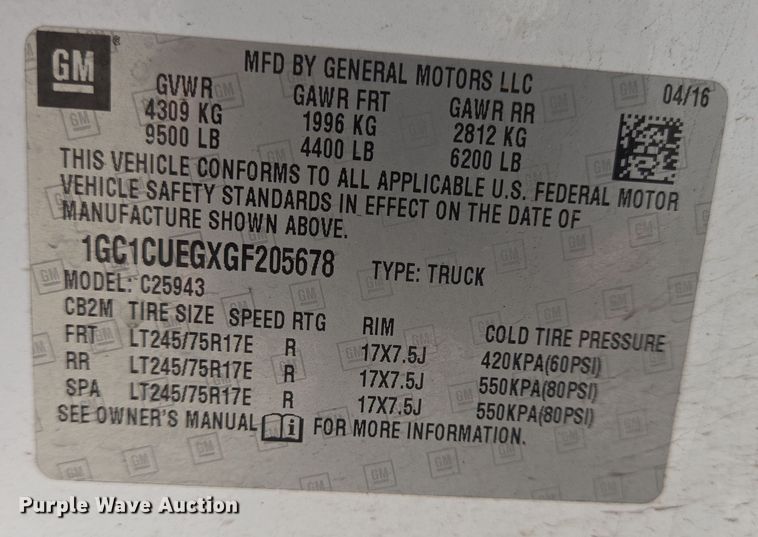 image for item DT4795 2016 Chevrolet Silverado 2500HD Crew Cab pickup truck