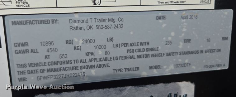 image for item DT7096 2018 Diamond T 10232DTF equipment trailer