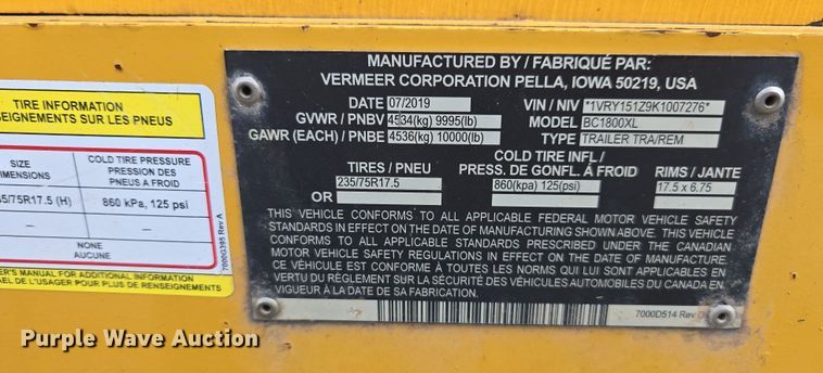 image for item DW1917 2019 Vermeer BC1800XL wood chipper