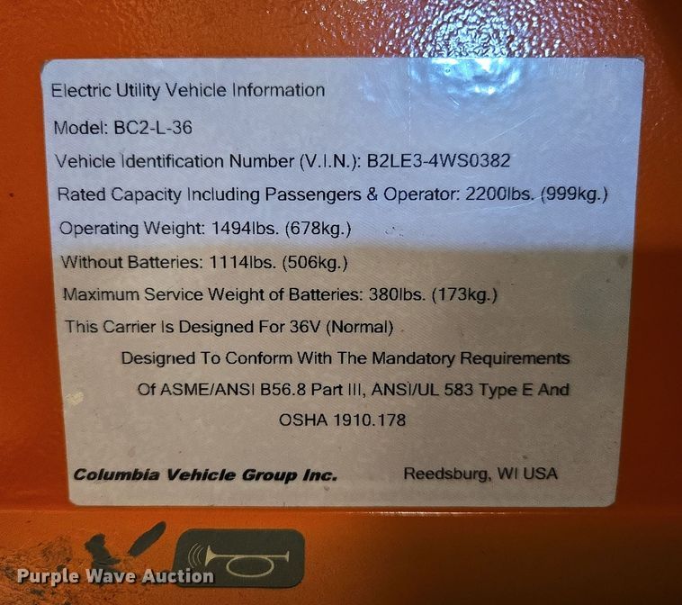 image for item DW8706 Columbia Vehicle Group BC2-L-36 utility cart