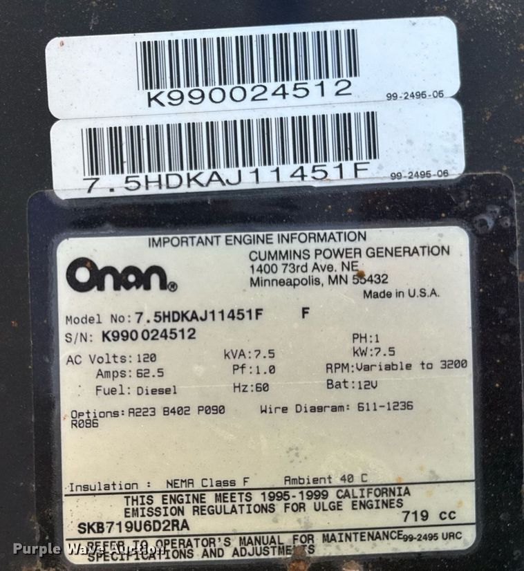 image for item DY7998 Onan Quiet Diesel 7500 generator