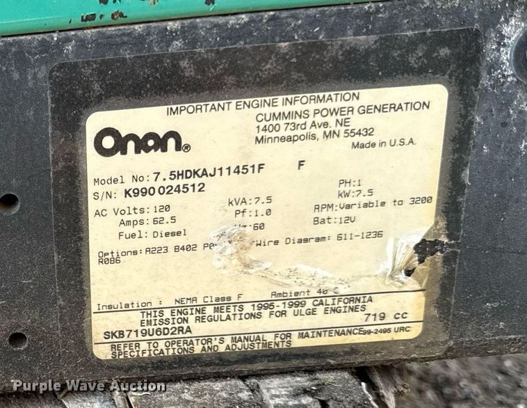image for item DY7998 Onan Quiet Diesel 7500 generator