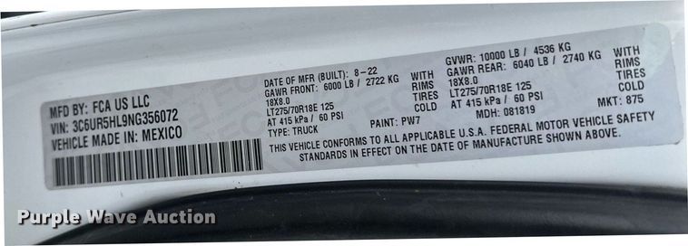 image for item EC2378 2022 Dodge Ram 2500 Crew Cab pickup truck