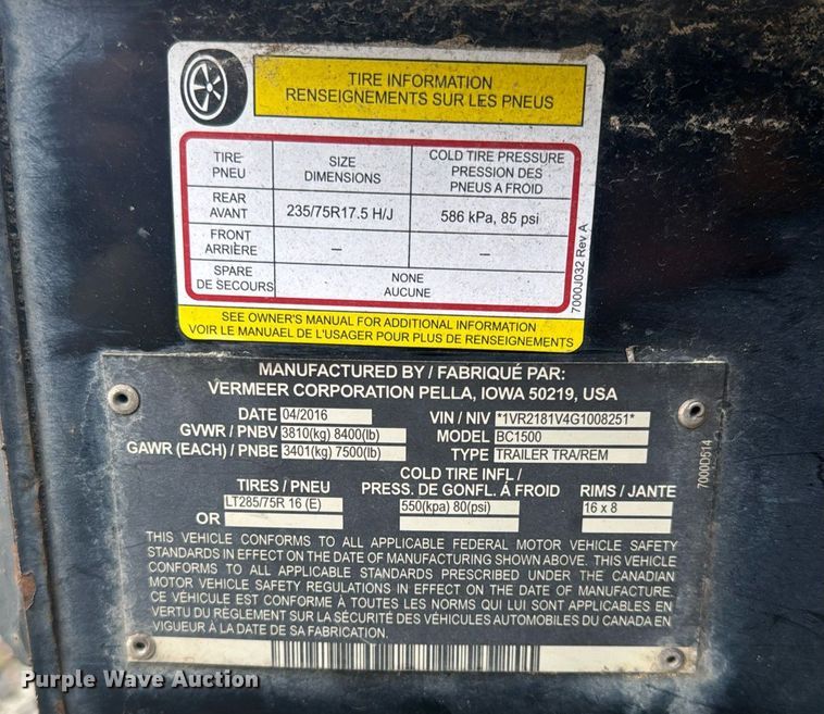 image for item EC3527 2016 Vermeer BC1500 wood chipper