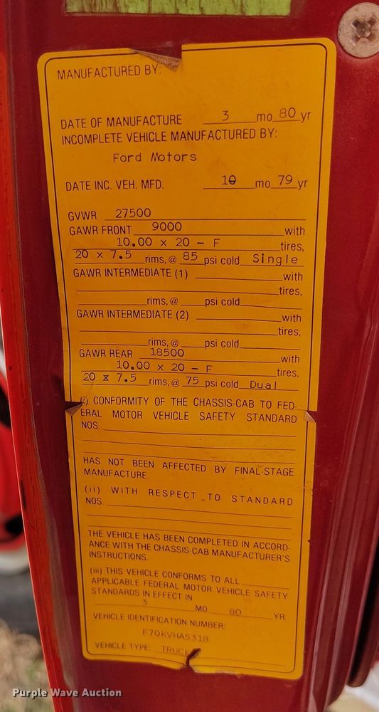 image for item EH0216 1980 Ford F700 pumper fire truck