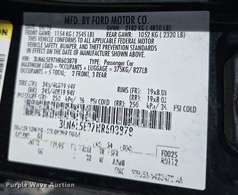 image for item EH8797 2017 Lincoln MKZ 