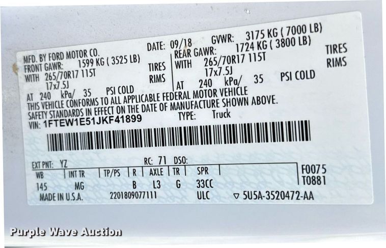 image for item EJ3568 2018 Ford F150 XLT SuperCrew pickup truck