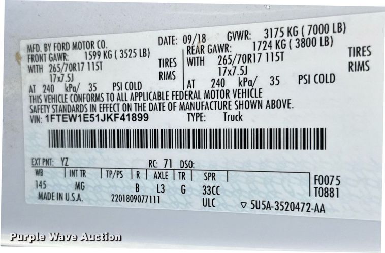 image for item EJ3568 2018 Ford F150 XLT SuperCrew pickup truck