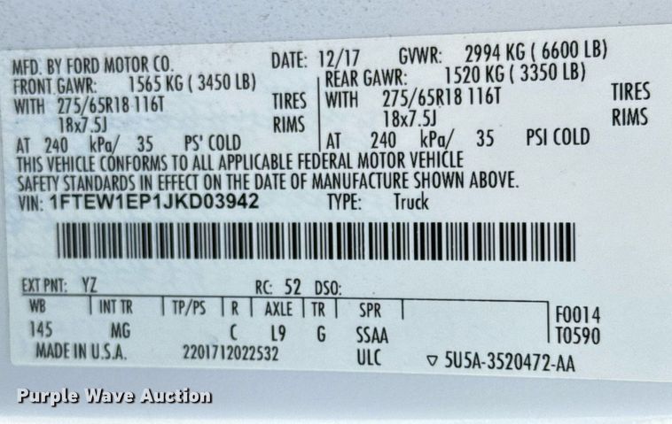 image for item EJ3569 2018 Ford F150 SuperCrew pickup truck