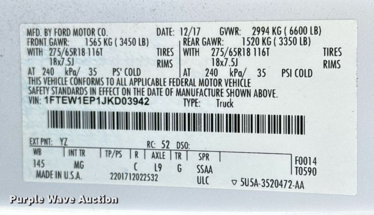 image for item EJ3569 2018 Ford F150 SuperCrew pickup truck