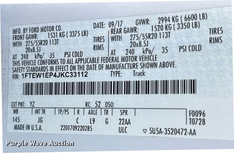 image for item EJ3570 2018 Ford F150 SuperCrew pickup truck