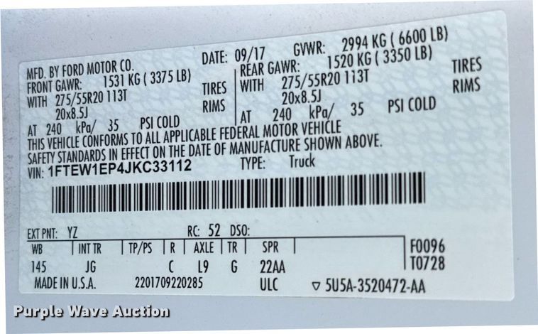 image for item EJ3570 2018 Ford F150 SuperCrew pickup truck