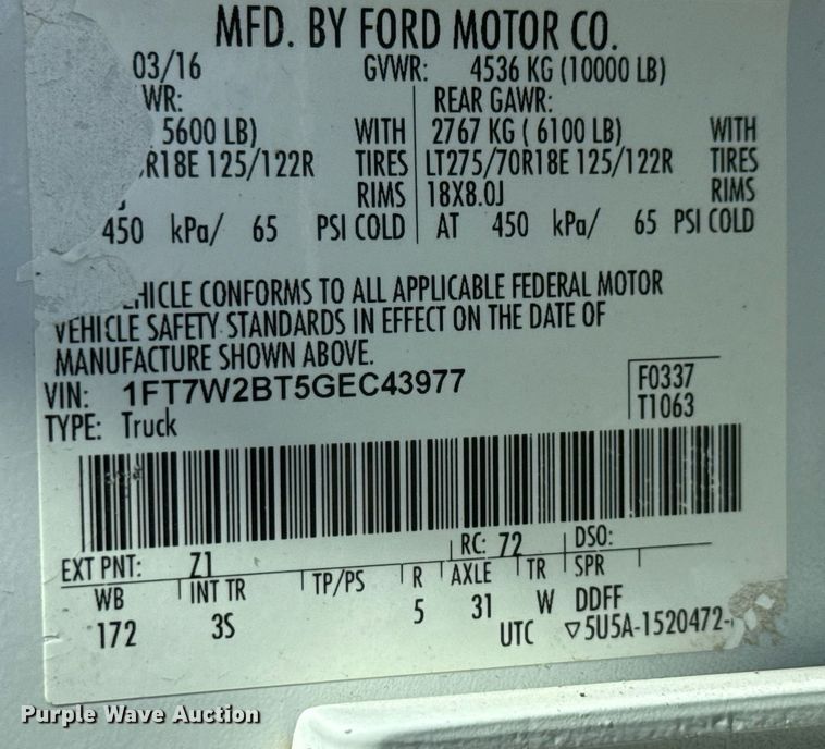 image for item EJ3571 2016 Ford F250 Super Duty XLT Crew Cab pickup truck