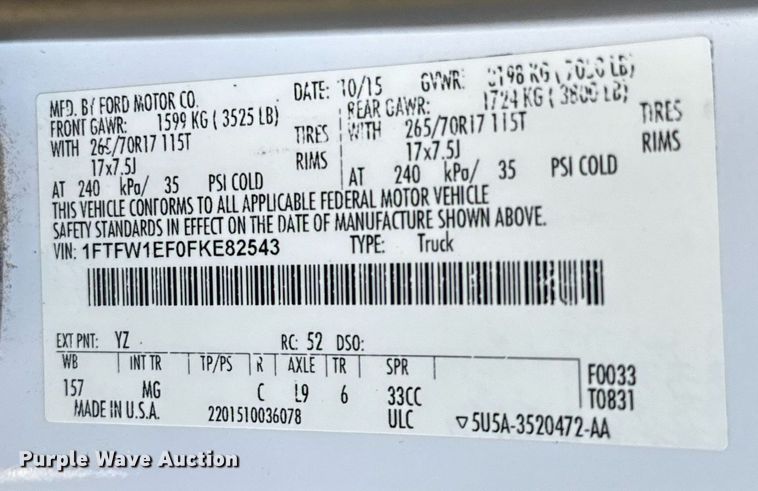 image for item EJ3573 2015 Ford F150 SuperCrew pickup truck