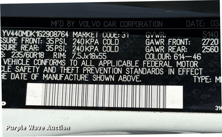 image for item EJ3635 2016 Volvo XC60 SUV