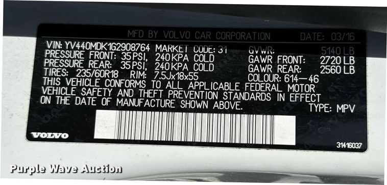 image for item EJ3635 2016 Volvo XC60 SUV