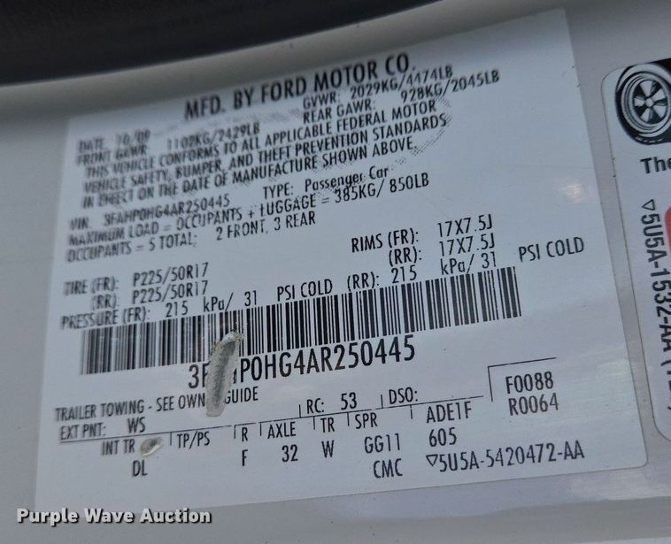 image for item EJ7426 2010 Ford Fusion SE 